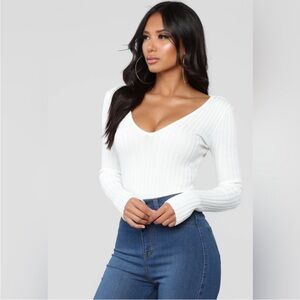 Fashion Nova Cream Ribbed V-Neck Bodysuit